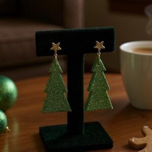 Green Glitter Christmas Tree Earrings